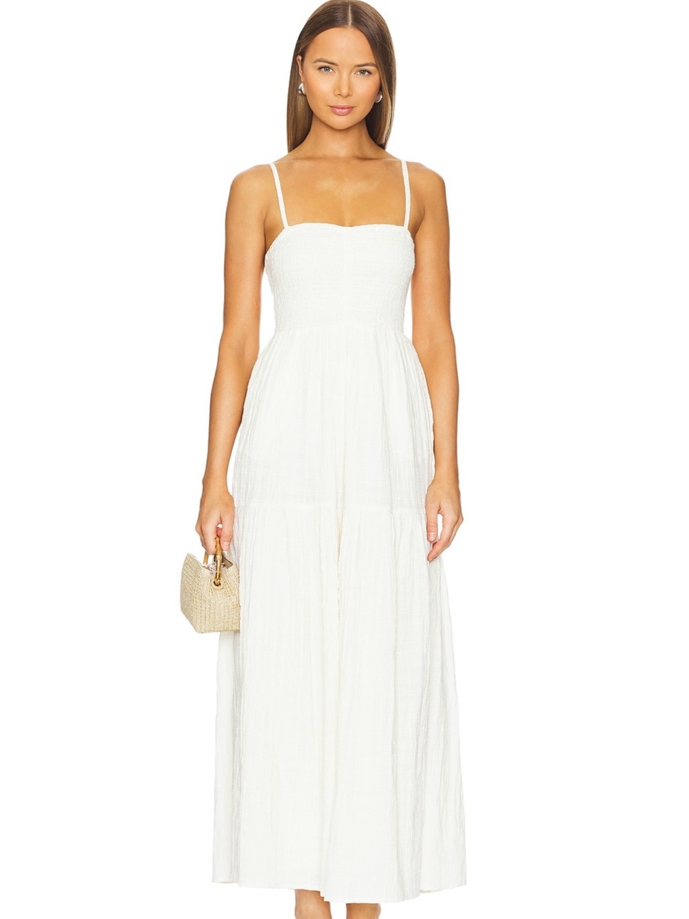 l*space White Smocked Maxi Dress with Spaghetti Straps